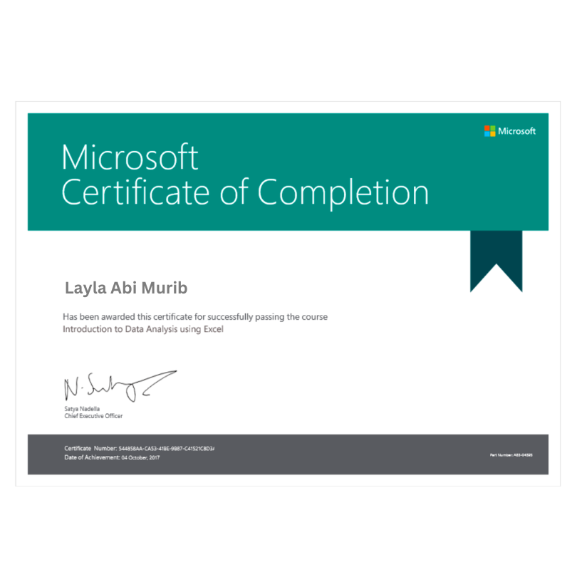 Microsoft Data Analytics Course Completion Certificate