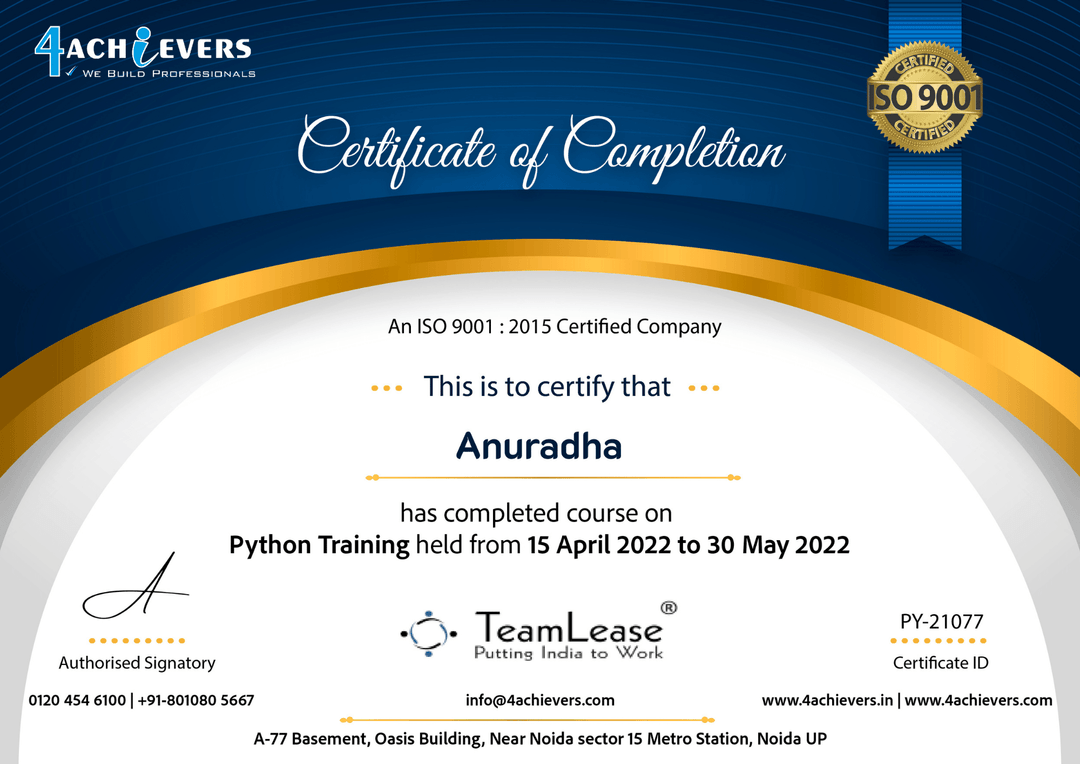 Certified Python Developer in Noida certificate 